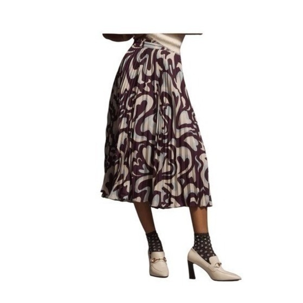 Anthropologie Valerie Pleated Midi Skirt Cream Deep Purple Floral XL